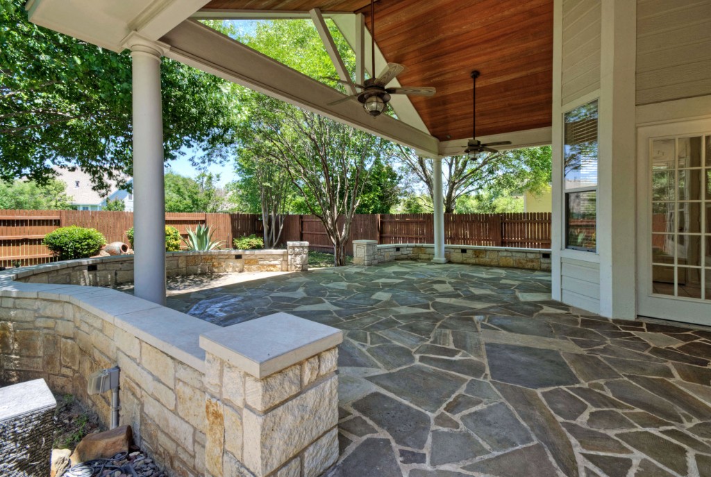 Custom stone work below and marvelous roof above.